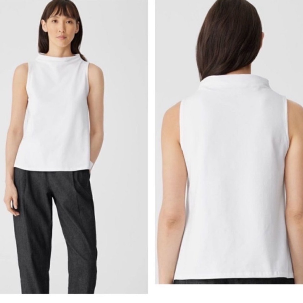 Eileen Fisher Pima Cotton Stretch Jersey Funnel Neck Tank White XS Easy‎ Fit Top